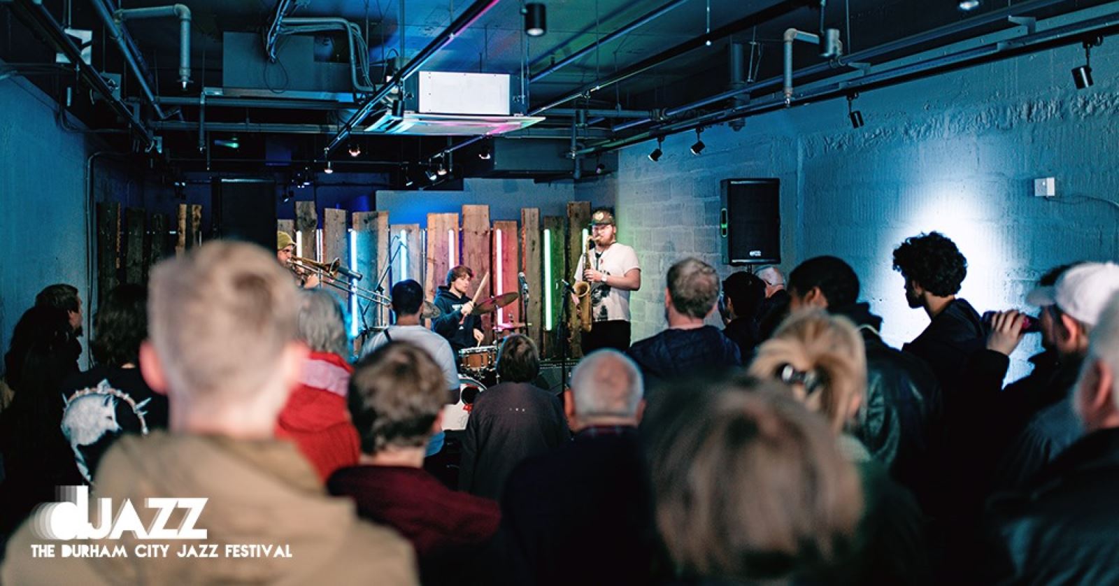 group of people watching band play at Durham Jazz Festival